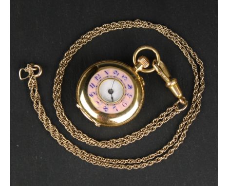 An Edwardian 18ct gold and enamel half hunter ladies fob watch hallmarked London 1910, importer Louis Weill, the plain gold 1