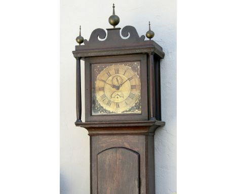 A late 18th century Welsh oak longcase clock by Vaughan of Pontypool the square brass dial with Roman chapter ring with Arabi