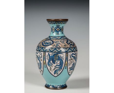 A silver wired Japanese cloisonn&eacute; baluster vase Meiji period, the pale blue ground decorated within silver wire with s