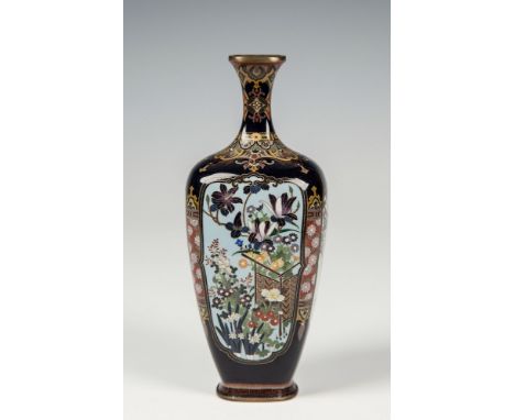 A four sided Japanese cloisonn&eacute; silver wired vase Meiji period, with a slender waisted neck, the dark blue ground body