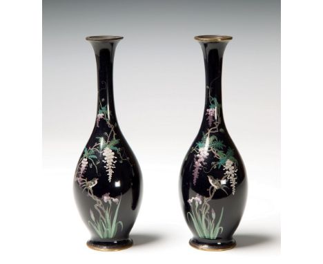 A pair of Japanese cloisonn&eacute; vases of slender baluster form Meiji period, the long-necked, midnight blue ground vases 