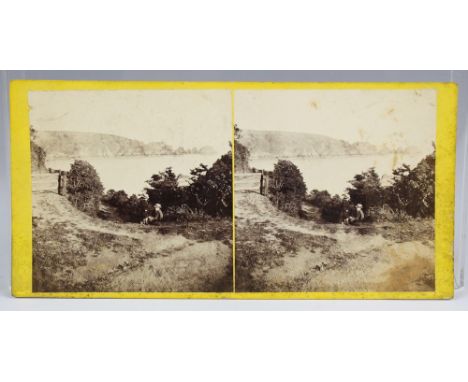 A Guernsey stereoview card by T. B. Hutton portraying two finely attired and behatted boys on the cliff path at Moulin Huet, 