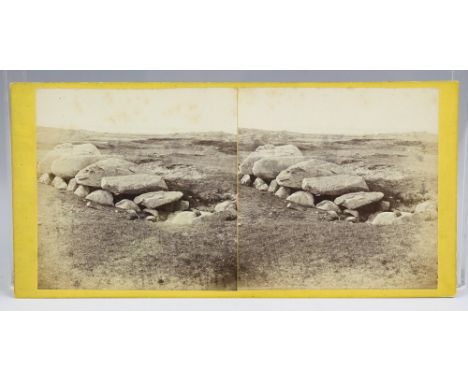 A Guernsey stereoview card by T. B. Hutton 'Cromlech on L'Ancresse Common (Looking North)', pastedown verso stating title and