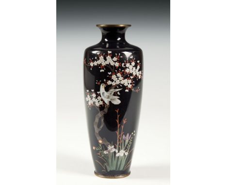 A Japanese cloisonn&eacute; silver wired vase Meiji period, of slender tapered form, with a short neck and everted rim, decor