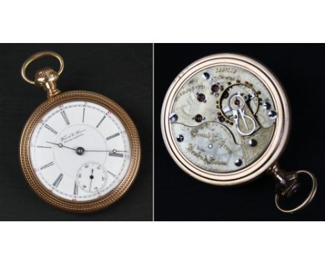 An American gold plated pocket watch by Frank Le Bron, Keokuk, Iowa, white enamel Roman dial with outer Arabic minutes in red