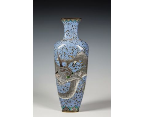 A Japanese cloisonn&eacute; square section 'dragon' vase Meiji period, of slender, tapered form, the pale blue and goldstone 