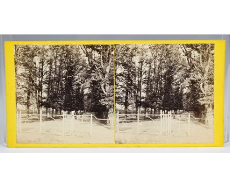 A Guernsey stereoview card by T. B. Hutton 'The Avenue', Cambridge Park, Guernsey, featuring the metal gated entrance, pasted