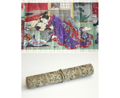 A Japanese shunga scroll probably Meiji period, coloured woodblocks on paper depicting twelve couples in amorous embraces, on