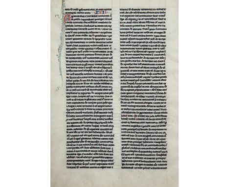 A framed Medieval English Bible manuscript leaf on vellum probably mid-13th century AD, possibly southern England, from a Bib