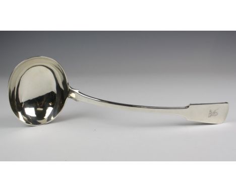 A George IV silver soup ladle Thomas &amp; James Dicks, London 1821, fiddle pattern with elephant's head crest, 12&frac12;in.