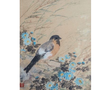 Fei Cheng Wu (Chinese, 20th century) A Bullfinch amidst flowering blossoms and reeds ink and colour on paper, two character s