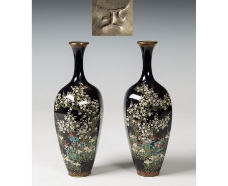 A pair of Japanese cloisonn&eacute; hexagonal baluster vases Meiji period, with fine silver wire decoration of flowering prun