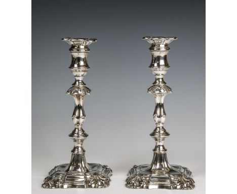 A pair of Victorian candlesticks Robinson, Edkins & Aston, Birmingham 1866, in the George II style, with lobed foliate detach