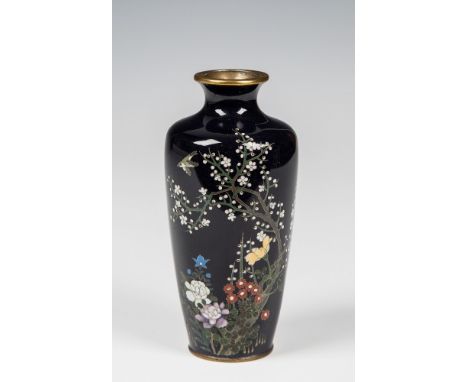 A small dark blue ground Japanese cloisonn&eacute; vase Meiji period, with decoration in silver wire of a bird in flight by p