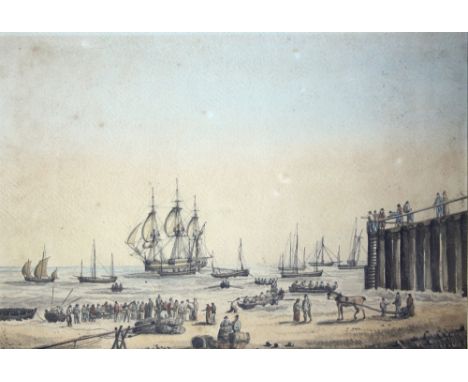 R. Pillans (British, Norfolk School, first half 19th century) 'Yarmouth Jetty with figures' watercolour, inscribed to label v