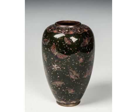 A Japanese cloisonn&eacute; silver wired vase Meiji period, of tapered ovoid form, the dark green and goldstone ground decora