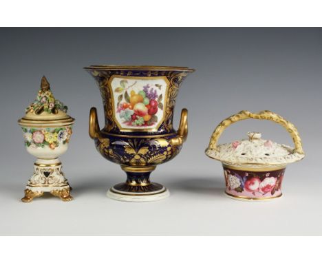 A 19th century porcelain pot pourri basket in the style of Nantgarw, with pierced cover with bud finial and twisted branch ha