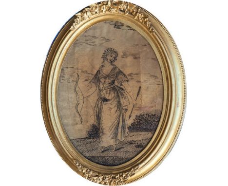 A late 18th / early 19th century blackwork silk embroidery the oval panel portraying Diana in classical costume with a bow in