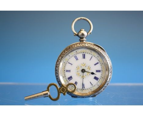 A floral chased Continental silver lady's fob watch the case stamped with three Swiss bears, 1882-1934, 0.935 and marked 'DF&