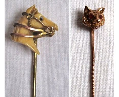 A gold and carved ivory horse's head stick pin Edwardian, with gold bridle and glass eyes, together with a 9ct gold fox mask 