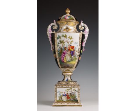 An Ackerman &amp; Fritze Royal Vienna covered vase on stand c.1905, of urn form on pedestal base with twin foliate handles, a