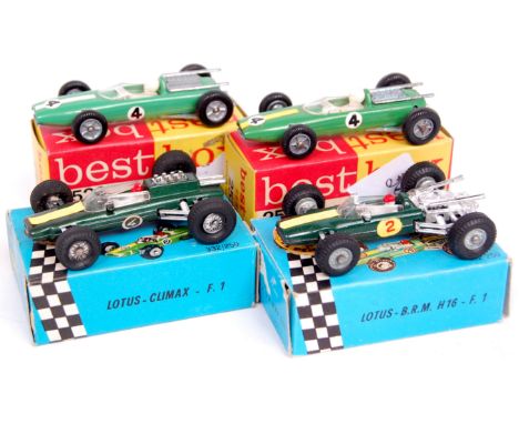 Best Box and Politoys Penny Lotus Formula 1 car boxed diecast group, 4 boxed examples to include Best Box No.2520 Lotus 3 Lit