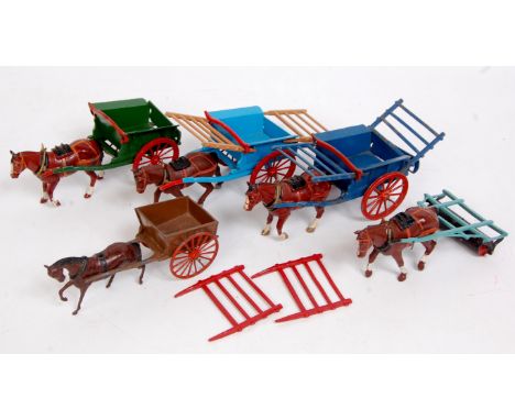 Britains, lead farm, 3x 4F tumbrel cart (one a/f, the other G); plus 9F horse roller, looks repainted frame; and 40F farm car