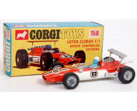 Corgi Toys, No.158, Lotus Climax Formula 1 Car, orange and white body with RN6 blue driver with white crash helmet, in the or