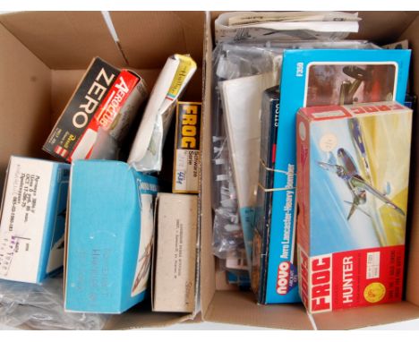 2 Boxes of mixed plastic aircraft kits, mixed scales to include Frog, Heller, Revell and others, some boxes empty, examples t