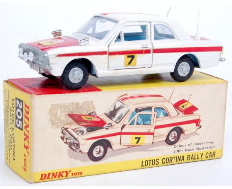 Dinky Toys No.205 Lotus Cortina Rally Car, white and red, with racing number 7, light blue interior, round shaped aluminium h