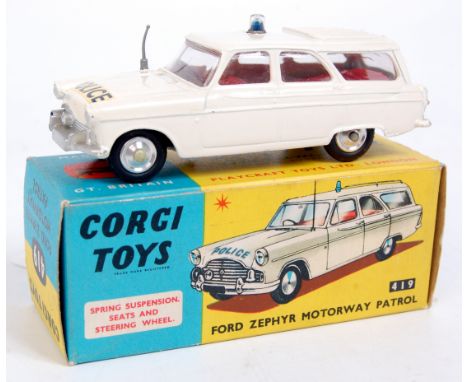 Corgi Toys, 419 Ford Zephyr Motorway Patrol, cream/white body, red interior, small roof light with police transfer, all card 