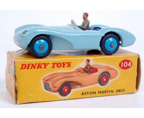 Dinky Toys No.104 Aston Martin DB3S, light blue with dark blue interior, mid-blue ridged hubs, grey driver, in the original a