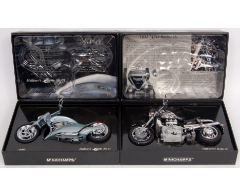 Minichamps 1/12th scale Motorcycle group, 2 boxed examples to include Triumph Rocket 3 2300cc (NM-BVG) and a Hollister's Exci