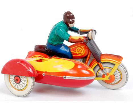 Unknown make, possibly Russian, tinplate Motorcycle and Sidecar, red and yellow Bike and Sidecar with blue and green Rider we