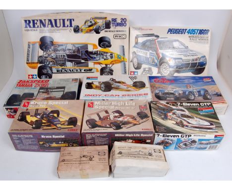 Mixed scale Formula 1, Record Car and racing plastic and metal kit group, 10 boxed as issued examples to include Tamiya 1/12t