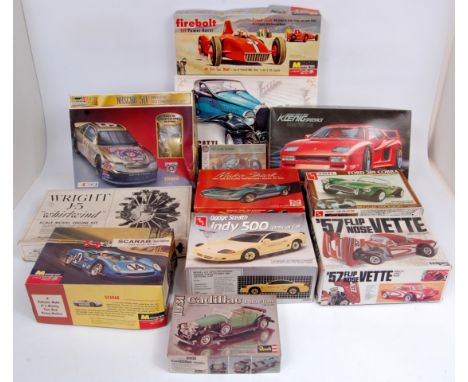 12 mixed scale car, motorcycle and engine plastic kits, mixed manufacturers and scales to include Revell, Fujimi, Monogram, M