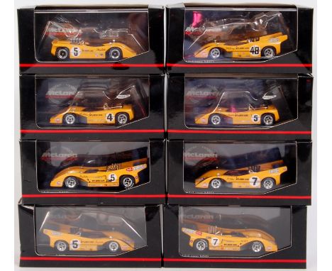 Minichamps 1/43rd scale CAM AM series Mclaren Group, 8 plastic cased examples, all finished in yellow and blue with various r
