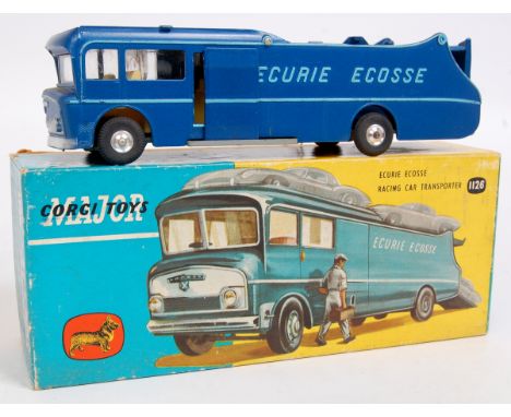 Corgi Toys, 1126, Ecurie Ecosse racing car transporter, dark blue metallic body with light blue lettering, lemon interior wit