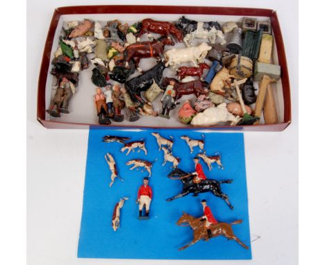 Tray of mixed mainly Britains Lead and Hollowcast farming and hunting figures, some accessories included, figures to include 