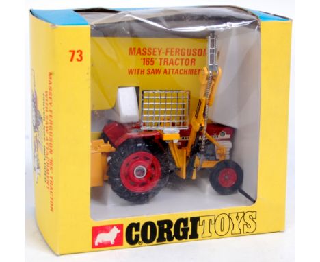 Corgi Toys, 73 Massey Ferguson tractor and saw, red and white body with grey engine, red hubs, with yellow saw attachment, in