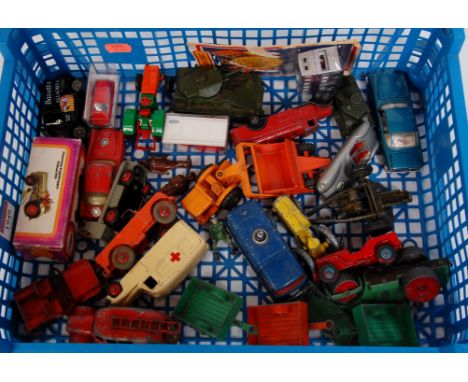 Tray of mixed loose and boxed Dinky Toys, Siku, Matchbox and other diecast, 25+ examples to include Dinky Toys Daimler Ambula