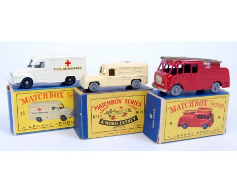 Matchbox Regular Wheels Emergency Services group, 3 boxed examples to include No.14 Daimler Ambulance, cream body with MW, in