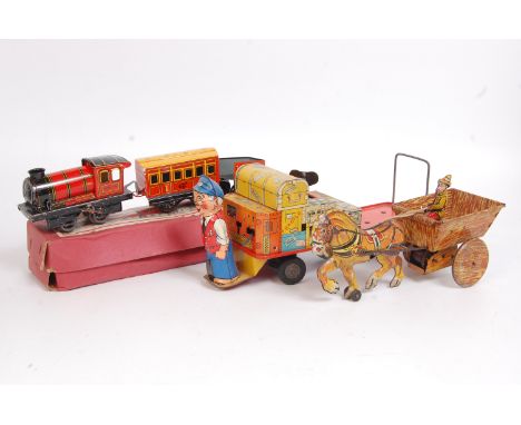 Boxed and Loose Tinplate Group, to include Marx Toys, single horse drawn car and trailer with driver (G), a Made in Great Bri