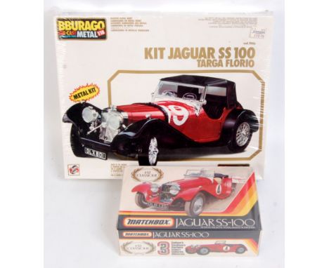 Jaguar SS100 kit group, 2 boxed and sealed examples, to include Burago 1/18th scale metal Jaguar SS100 kit, as issued, sold w