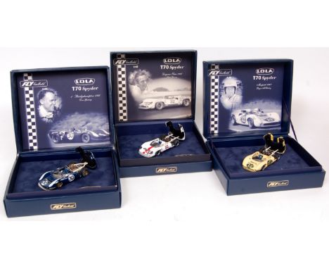 Fly Models 1/43rd scale Lola T70 Spyder presentation group, 3 boxed examples to include Laguna Seca 1967, Bridgehampton 1966 