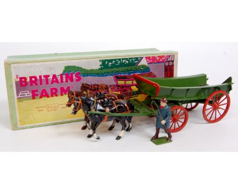 Britains, No.5F farm wagon, dark green with grey interior, red wheels and trim, 2 pinned horses, and carter with whip, wagon 
