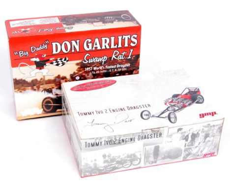 GMP 1/18th scale Dragster and Swamp rat diecast group, 2 boxed examples to include Tommy Ivo 2 Engine Dragster (NM-BVG) and a