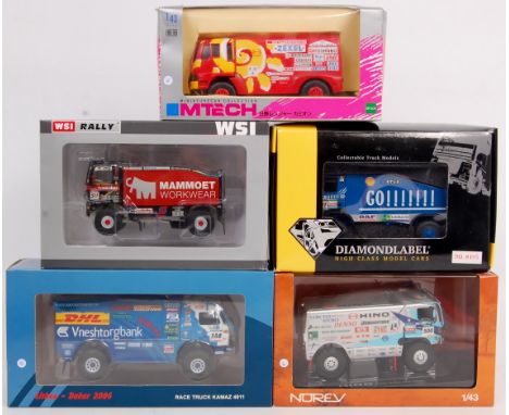 Mixed 1/50th and 1/43rd scale diecast Race Truck group, 5 boxed examples to include Diamond Label No.0495"Jan De Rooy" DAF CF