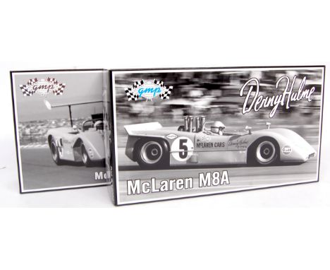 GMP 1/18th scale Mclaren diecast CAN-AM High speed racing group, 2 boxed examples to include Mclaren M8A "Denny Hulme" and Mc