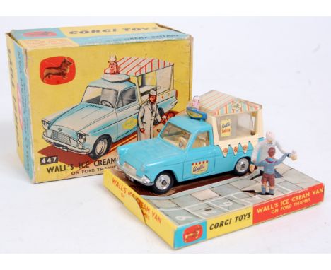 Corgi Toys, 447 Walls ice cream van, light blue and cream body with salesman and boy figure, in the original blue and yellow 